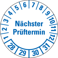 Prüfpl.Nä.Prüftermin 28-31, weiß, Folie, mit Spezialkleber, Ø 25mm, 21/Bogen