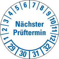 Prüfpl.Nä.Prüftermin 29-32, weiß, Folie, mit Spezialkleber, Ø 25mm, 21/Bogen