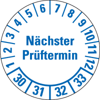 Prüfpl.Nä.Prüftermin 30-33, weiß, Folie, mit Spezialkleber, Ø 25mm, 21/Bogen