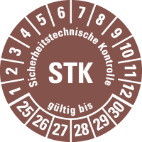 Prüfplakette STK 25-30, braun, Folie, m.Spezialkl.Oberflächenschutz, Ø30mm,18/BOG
