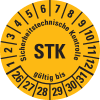 Prüfplakette STK 26-31, gelb, Folie, m.Spezialkl.Oberflächenschutz, Ø30mm, 18/BOG