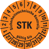 Prüfplakette STK 27-32, orange, Folie, m.Spezialkl.Oberflächenschutz, Ø30mm, 18/BOG