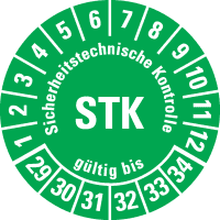 Prüfplakette STK 29-34, grün, Folie, m.Spezialkl.Oberflächenschutz, Ø30mm, 18/BOG