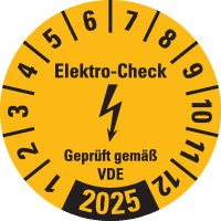 Prüfplakette Elektro-Check Geprüft...,2025, gelb, Dokumentenfolie, Ø 30mm,18/Bogen