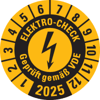 Prüfplakette ELEKTRO-CHECK Geprüft..,2025, gelb, Dokumentenfolie, Ø 20mm,36/Bogen