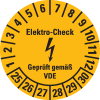Prüfplakette Elektro-Check, VDE,25-30, gelb, Dokumentenfolie, Ø 20mm,180/Heft