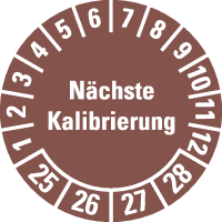 Prüfplakette Nächste Kalibrierung 25-28, braun, Dokumentenfolie, Ø 20mm,36/Bogen