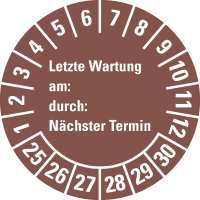Prüfpl.Letzte Wart., am, durch, Nächste Prüf.25-30, braun, Dokufolie, Ø30mm,18/BOG