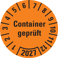 Prüfplakette Container geprüft 2027, orange, Hochleistungsfolie, Ø 30mm, 18/Bogen