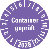 Prüfplakette Container geprüft 2028, violett, Hochleistungsfolie, Ø 30mm, 18/Bogen