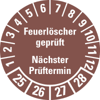 Prüfplakette Feuerlöscher geprüft, NP,25-28, braun, Dokufolie, Ø 30mm,18/Bogen