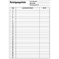 Reinigungsliste, zum Nachweis vorgegebener Reinigungen, Papier, 210x297mm, 12/VE