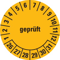 Prüfplakette geprüft 26-31, gelb/schwarz, Dokufolie, selbstkl., Ø 30mm,18/Bogen