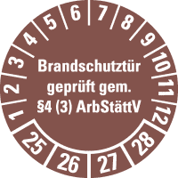 Prüfplakette Brandschutztür 25-28, braun, Dokumentenfolie, Ø 30mm, 18/Bogen