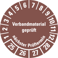 Prüfplakette Verbandmaterial geprüft, NP 25-28, braun, Dokufolie, Ø 35mm,10/Bogen