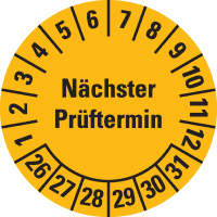 Prüfplakette Nächster Prüftermin, 26-31, gelb, Folie, ablösbar, Ø 30mm, 18/Bogen