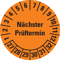 Prüfplakette Nächster Prüftermin, 27-32, orange, Folie, ablösbar, Ø 30mm, 18/Bogen