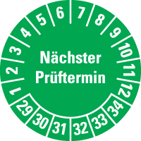 Prüfplakette Nächster Prüftermin, 29-34, grün, Folie, ablösbar, Ø 30mm, 18/Bogen