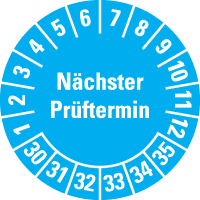 Prüfplakette Nächster Prüftermin, 30-35, hellblau, Folie, ablösbar, Ø 30mm, 18/Bogen