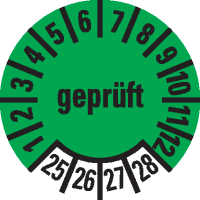 Prüfplakette geprüft 25-28, grün, Dokumentenfolie, Ø 10mm, 1000/Rolle
