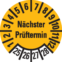 Prüfplakette Nächster Prüftermin, 25-28, gelb, Folie, ablösbar, Ø 10mm, 384/Heft
