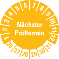 Prüfplakette Nächster Prüftermin 26-31, gelb, Schachbrettfolie, Ø 30mm, 18/Bogen