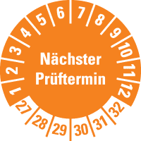 Prüfplakette Nächster Prüftermin 27-32, orange, Schachbrettfolie, Ø 30mm, 18/Bogen