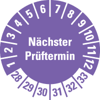 Prüfplakette Nächster Prüftermin 28-33, violett, Schachbrettfolie, Ø 30mm, 18/Bogen