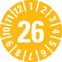 Prüfplakette 26, gelb, Schachbrettfolie, selbstklebend, Ø 15mm, 60/Bogen
