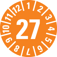 Prüfplakette 27, orange, Schachbrettfolie, selbstklebend, Ø 15mm, 60/Bogen