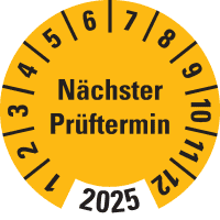 Prüfplakette Nächster Prüftermin 2025, gelb, Dokumentenfolie, Ø 30mm,18/Bogen
