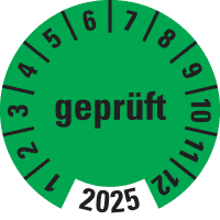 Prüfplakette geprüft 2025, grün, Folie, ablösbar, Ø 30mm, 18/Bogen