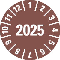 Prüfplakette 2025, braun, Folie, ablösbar, Ø 10mm, 384/Heft