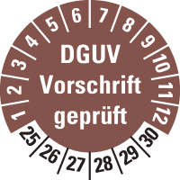 Prüfplakette DGUV Vorschrift geprüft,25-30, braun, Dokufolie, Ø 30mm,18/Bogen