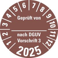 Prüfplakette Geprüft von nach DGUV 3,2025, braun, Dokufolie, Ø 30mm,108/Heft