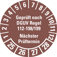 Prüfplakette Geprüft nach DGUV 112-198/199 25-28, braun, Ø 30mm, 18/Bogen