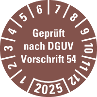 Prüfplakette Geprüft nach DGUV 54,2025, braun, Dokumentenfolie, Ø 30mm,18/Bogen