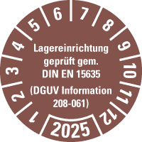 Prüfpl.Lagereinrichtung, DGUV Info.208-061,2025, braun, Dokumentenfolie, Ø30mm,18/BO