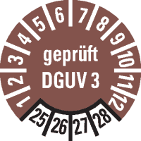 Prüfplakette, gepr.DGUV Vorschrift 3,25-28, braun, Dokufolie, Ø10mm,1000/Rolle