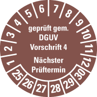 Prüfplakette Geprüft gem.DGUV Vorschrift 4,25-30, braun, Dokufolie, Ø30mm,18/BOG