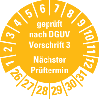 Prüfpl. Gepr.n. DGUV Vorschrift 3 26-31, gelb, Schachbrettfolie, Ø30mm, 18/Bogen