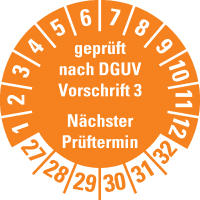 Prüfpl. Gepr.n. DGUV Vorschrift 3 27-32, orange, Schachbrettfolie, Ø30mm, 18/Bogen