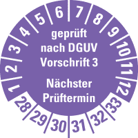 Prüfpl. Gepr.n. DGUV Vorschrift 3 28-33, violett, Schachbrettfolie, Ø30mm, 18/Bogen