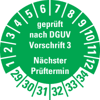 Prüfpl. Gepr.n. DGUV Vorschrift 3 29-34, grün, Schachbrettfolie, Ø30mm, 18/Bogen