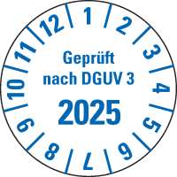 Prüfpl. Gepr.n. DGUV Vorschrift 3 2025, weiß, Folie, m.Spezialkl., Ø25mm,21/Bogen