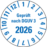 Prüfpl. Gepr.n. DGUV Vorschrift 3 2026, weiß, Folie, m.Spezialkl., Ø25mm, 21/Bogen