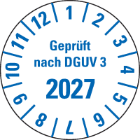 Prüfpl. Gepr.n. DGUV Vorschrift 3 2027, weiß, Folie, m.Spezialkl., Ø25mm, 21/Bogen