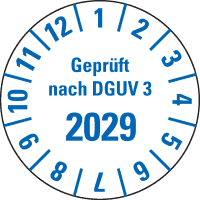 Prüfpl. Gepr.n. DGUV Vorschrift 3 2029, weiß, Folie, m.Spezialkl., Ø25mm, 21/Bogen
