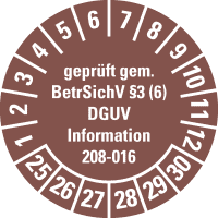 Prüfplakette gepr.gem.BetrSichV §3(6), DGUV,25-30, braun, Folie, Ø30mm,18/Bogen