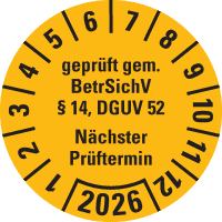 Prüfpl. BetrSichV §14, DGUV52, NP, 2026, gelb, Folie, Spezialkleber, Ø30mm, 18/Bogen